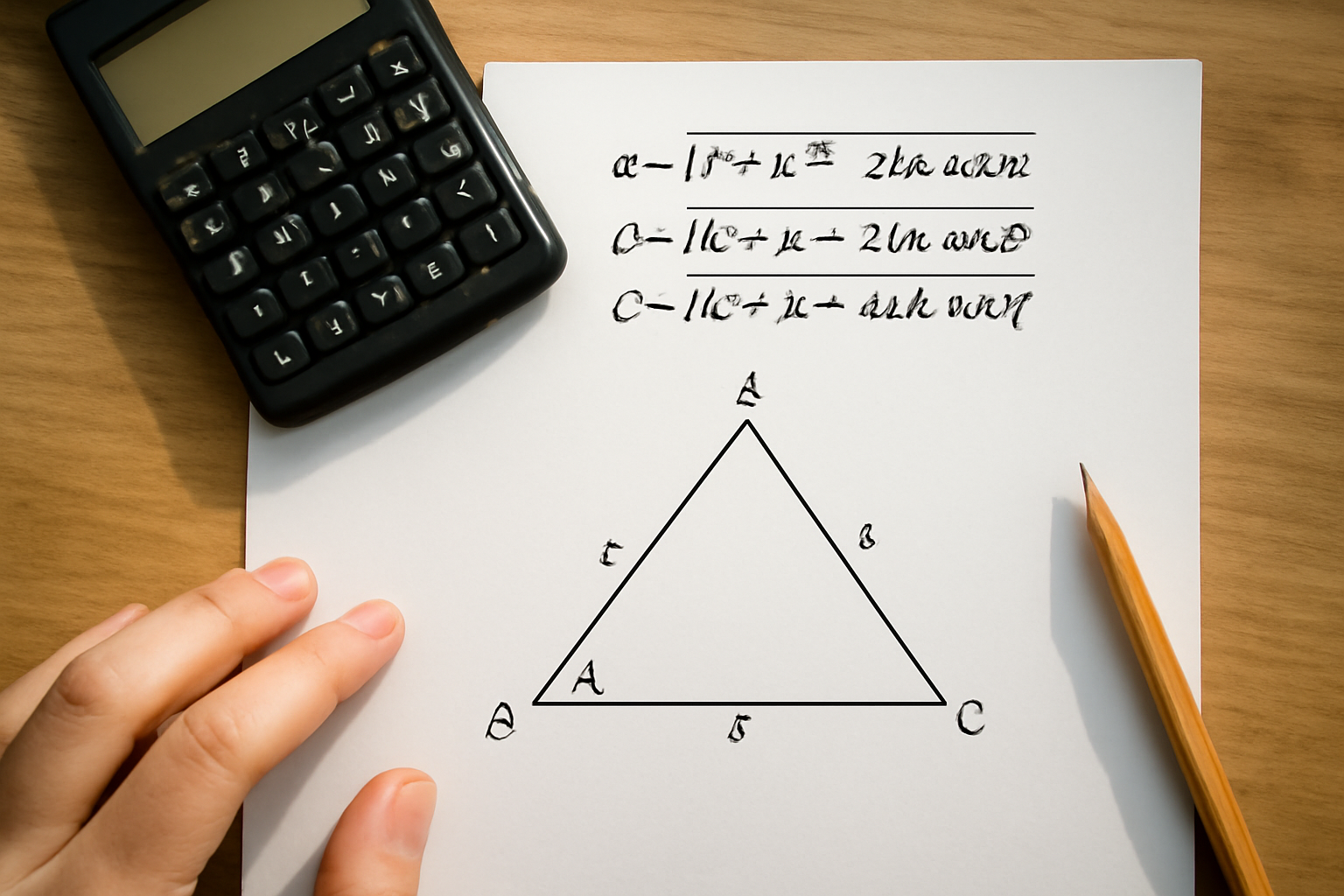 Egy háromszög rajza, mellette matematikai képletek és egy számológép.
